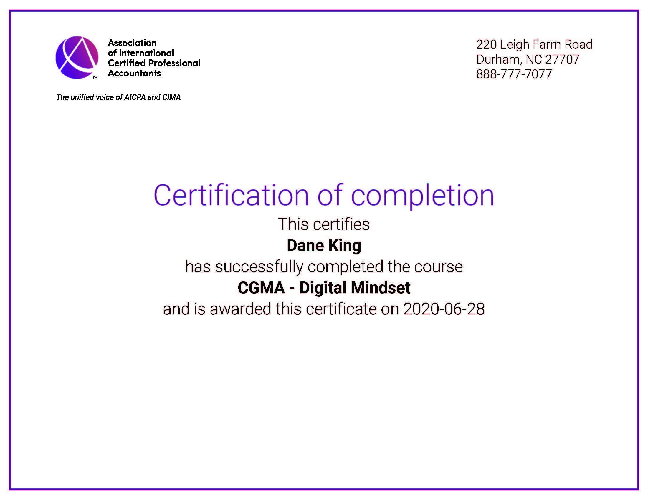 Dane King completes Digital Mindset Course from AICPA and CIMA